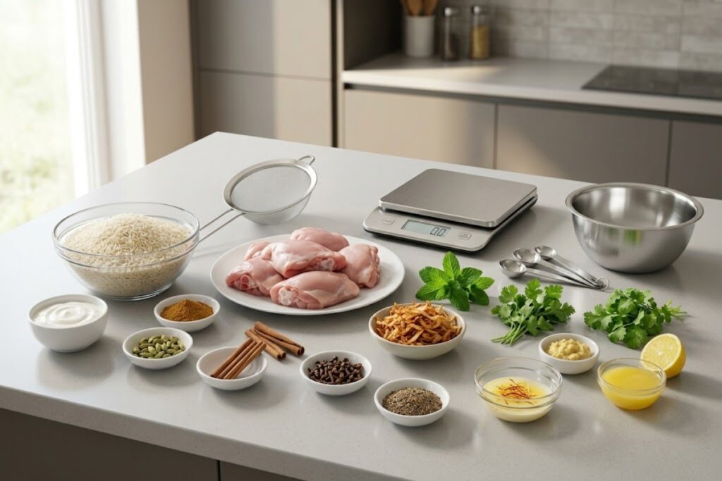 Ingredients for chicken biryani including basmati rice, yogurt, chicken thighs, fried onions, saffron, fresh herbs, and aromatic spices arranged on a kitchen counter.