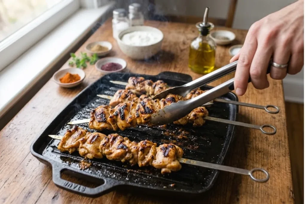 Cooking golden brown chicken skewers on a piping hot grill pan with grill marks