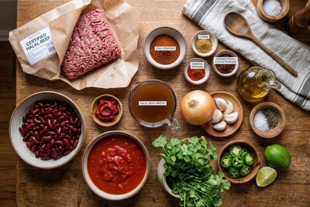 Fresh ingredients for Halal Beef Chili including certified halal ground beef, dark kidney beans, onions, garlic, tomato paste, crushed tomatoes, halal beef broth, and warm spices neatly arranged on a rustic wooden kitchen table.