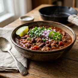 A warm bowl of homemade Halal Beef Chili featuring certified halal ground beef, dark kidney beans, rich tomato sauce, and colorful spices topped with fresh garnishes on a rustic kitchen table.