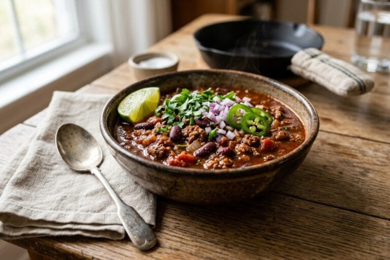 A warm bowl of homemade Halal Beef Chili featuring certified halal ground beef, dark kidney beans, rich tomato sauce, and colorful spices topped with fresh garnishes on a rustic kitchen table.