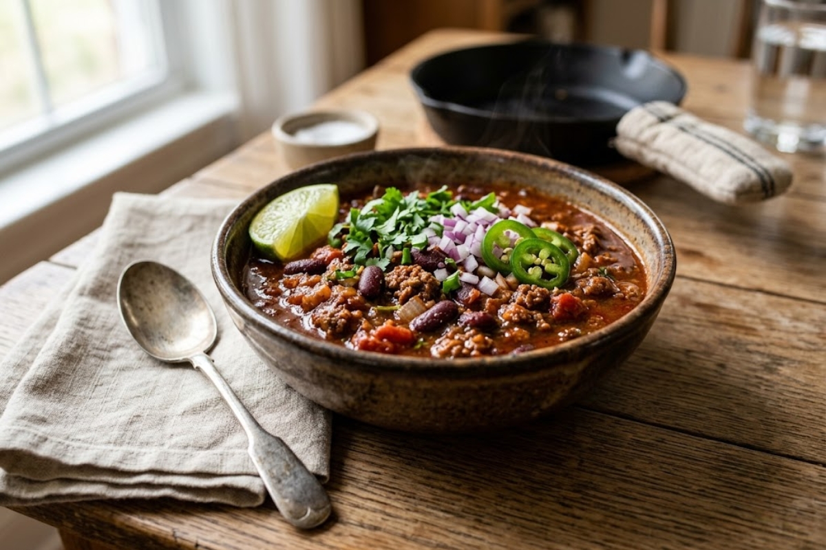 A warm bowl of homemade Halal Beef Chili featuring certified halal ground beef, dark kidney beans, rich tomato sauce, and colorful spices topped with fresh garnishes on a rustic kitchen table.