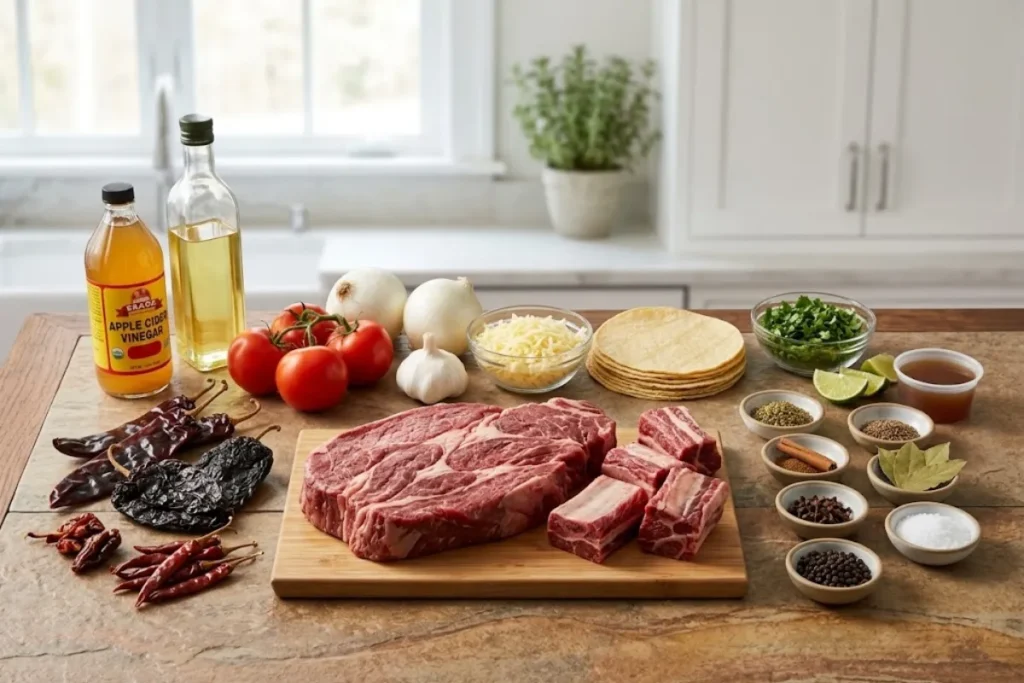 showing the ingredients for Halal Birria Tacos arranged neatly on a clean countertop in a modern American home kitchen.