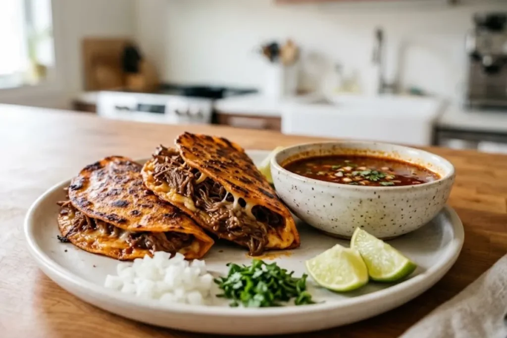 Crispy halal birria tacos served with a bowl of rich beef consommé, onion, cilantro, and lime