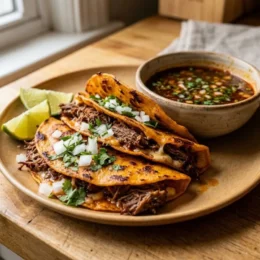 Crispy halal birria tacos filled with shredded braised beef and melted cheese served with red consommé for dipping
