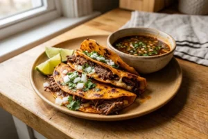 Crispy halal birria tacos filled with shredded braised beef and melted cheese served with red consommé for dipping