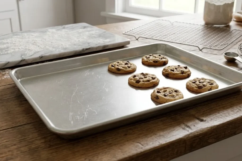 Nordic Ware Natural Aluminum Commercial Half Sheet pan on a kitchen counter.