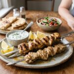 Juicy golden-brown air fryer chicken skewers with charred edges and fresh lemon
