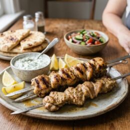 Juicy golden-brown air fryer chicken skewers with charred edges and fresh lemon