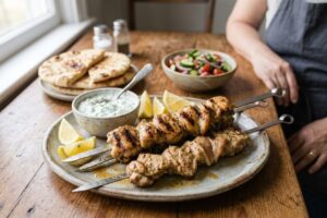 Juicy golden-brown air fryer chicken skewers with charred edges and fresh lemon