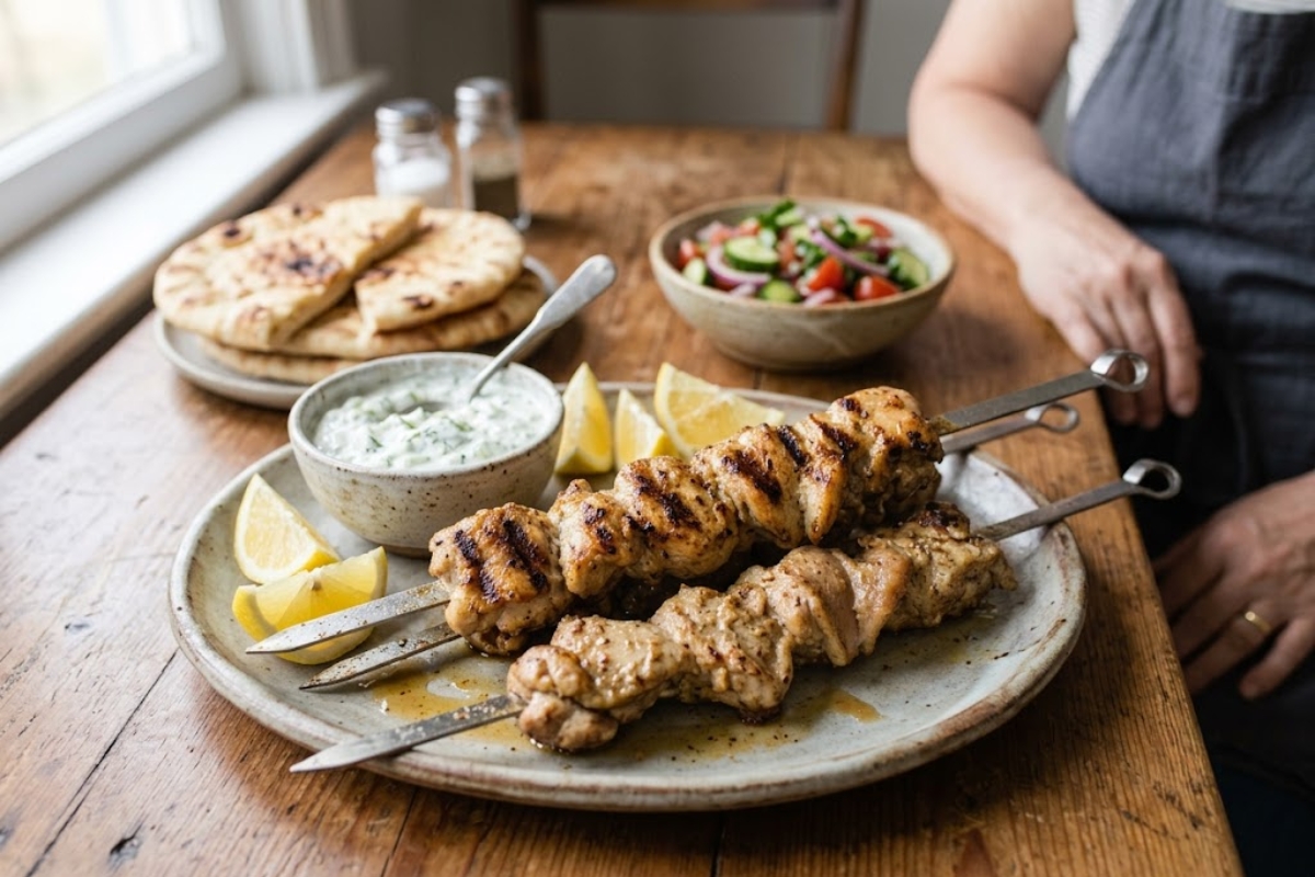 Juicy golden-brown air fryer chicken skewers with charred edges and fresh lemon