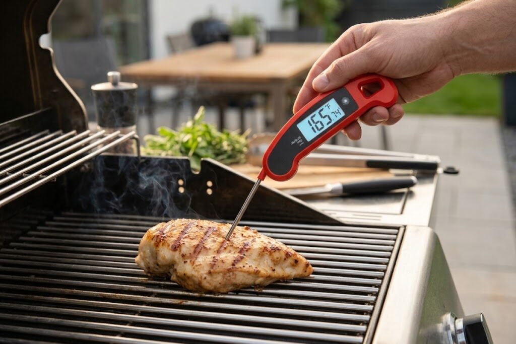Lavatools Javelin PRO measuring the internal temperature of grilled chicken on a barbecue grill.