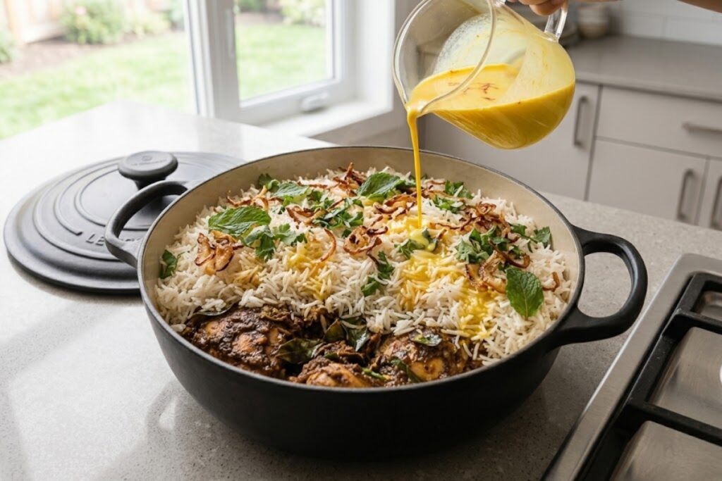  Partially cooked basmati rice layered over marinated chicken in a Dutch oven with fried onions, mint, cilantro, and saffron milk.