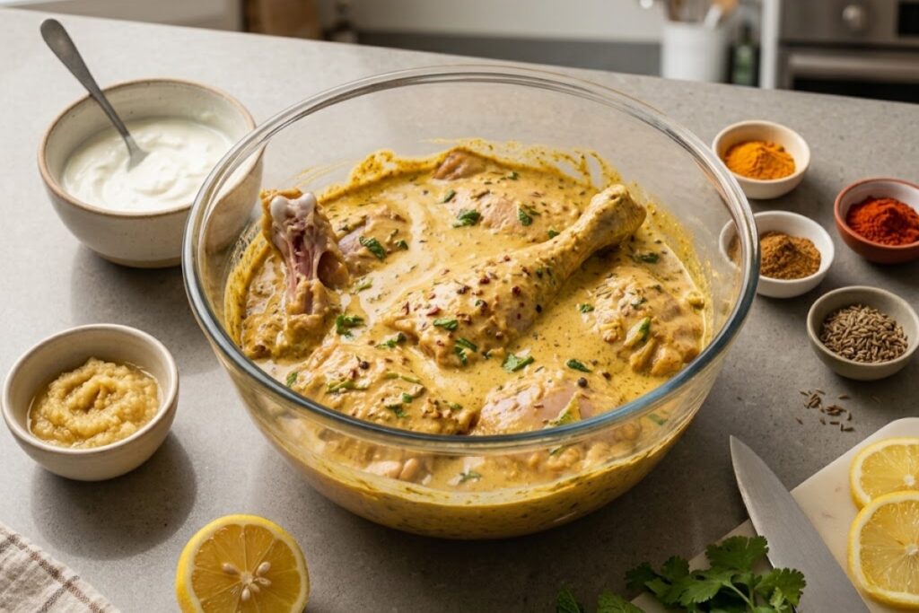 Bone-in chicken thighs coated in yogurt, ginger-garlic paste, lemon juice, and chicken biryani spices in a mixing bowl.