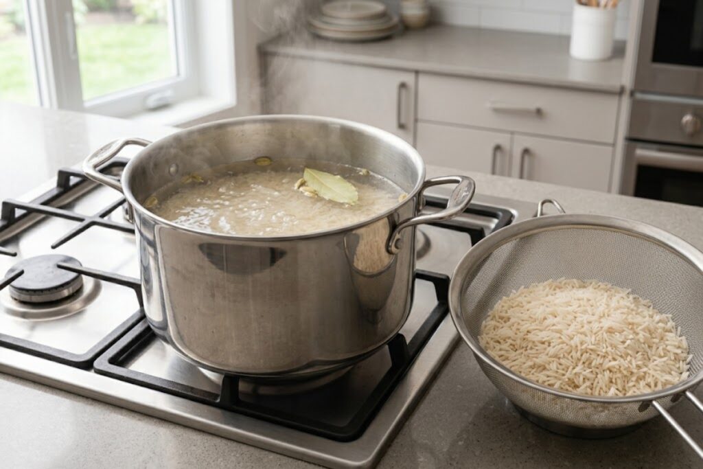 Long-grain basmati rice being parboiled in salted water until partially cooked for chicken biryani.
