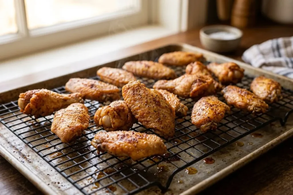 Raw chicken wings evenly coated with garlic and paprika seasoning
