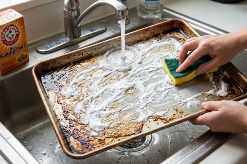 Cleaning a dirty sheet pan with baking soda and a scrub sponge.
