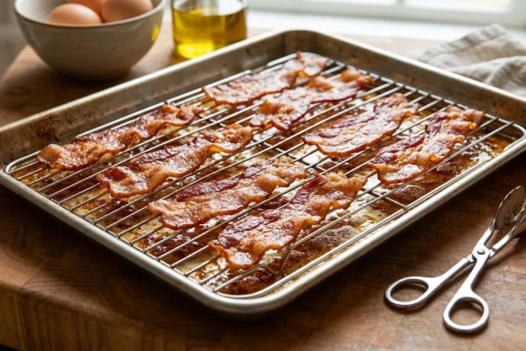 Crispy bacon slices roasting on a rimmed wire-rack sheet pan setup.