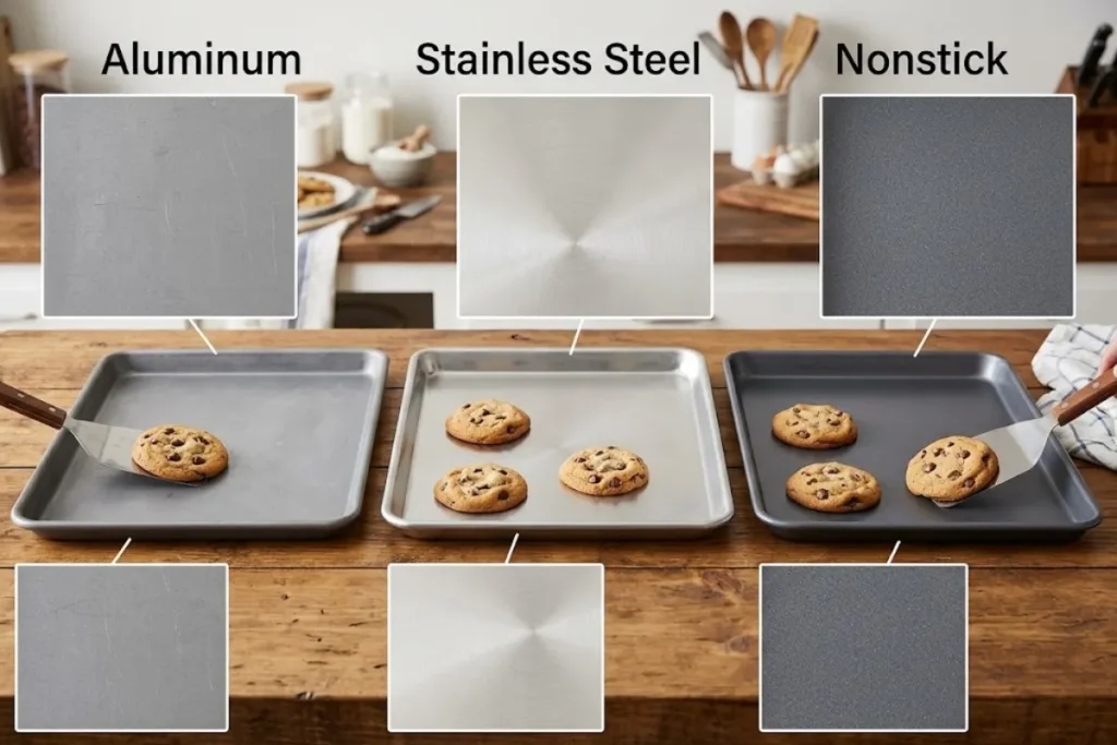 Comparison of aluminum, stainless steel, and nonstick sheet pan surfaces.