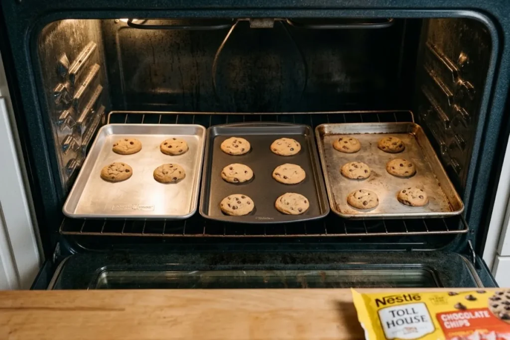 Testing sheet pans side-by-side inside a hot residential kitchen oven.
