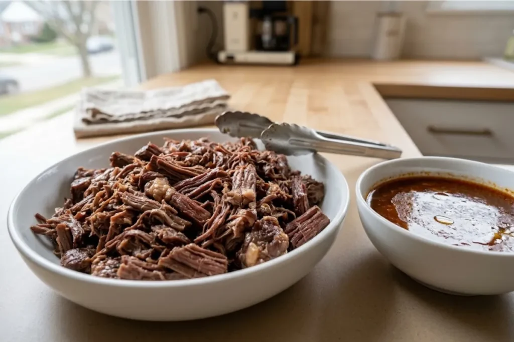 Tender shredded halal beef beside rich red birria consommé ready for tacos