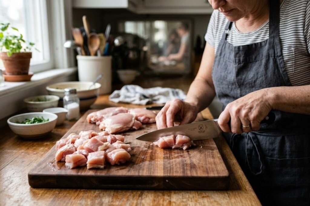 Slicing boneless chicken thighs into uniform 1.5-inch cubes on a wooden cutting board