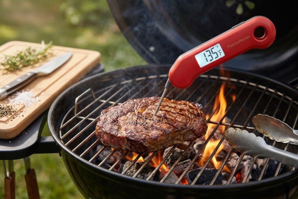ThermoMaven instant-read thermometer checking the internal temperature of grilled steak on a barbecue grill.
