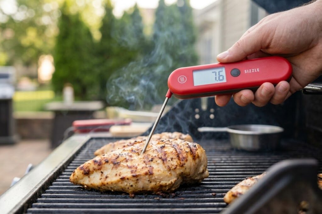 ThermoWorks SIZZLE instant-read thermometer checking chicken temperature on an outdoor barbecue grill.
