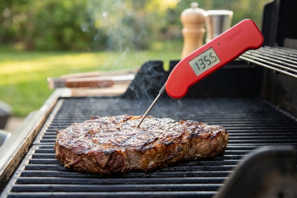 ThermoWorks Thermapen ONE measuring the internal temperature of grilled steak on a barbecue grill.