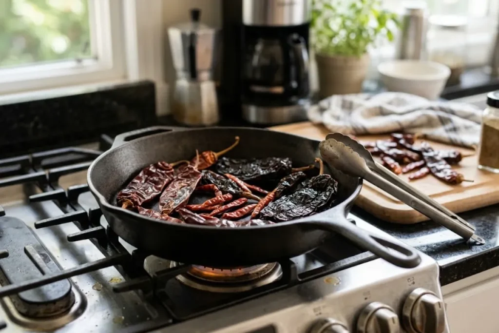 Toasted dried guajillo, ancho, and árbol chiles being prepared for halal birria sauce