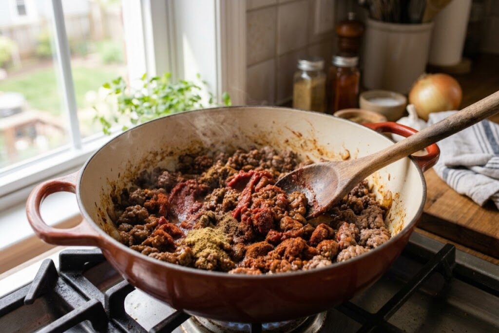 Tomato paste and warm chili spices being toasted with ground beef in a pot to create a smoky and flavorful halal beef chili base.