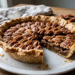 Classic Southern pecan pie with golden pecan halves, glossy filling, and a flaky homemade crust on a rustic serving plate.