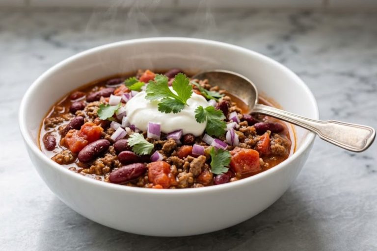 A bowl of thick halal slow cooker beef chili with kidney beans, ground beef, diced tomatoes, and fresh cilantro.