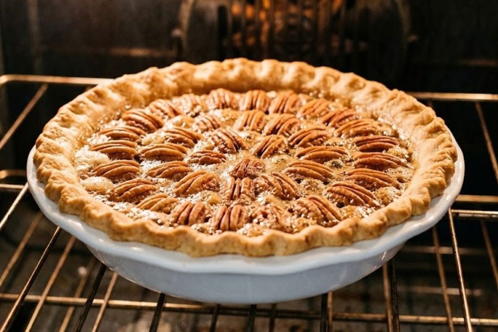 Pecan pie baking in an oven at 350°F with golden pecans and a bubbling brown-sugar filling.
