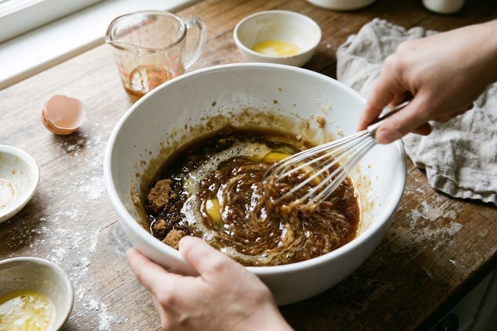 Brown sugar, corn syrup, eggs, melted butter, and vanilla whisked together in a bowl for pecan pie filling.