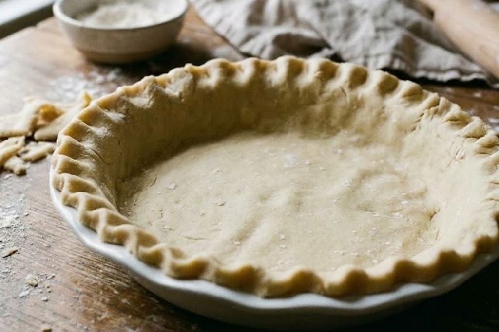 Homemade pie dough rolled into a circle and fitted into a 9-inch pie plate with crimped edges.