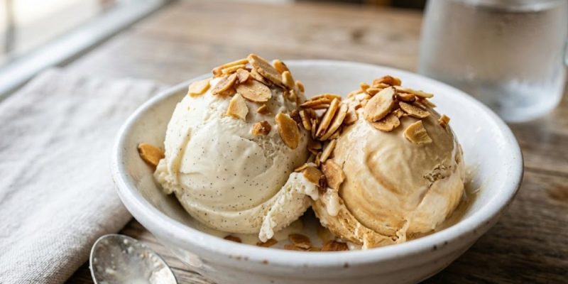 Creamy scoop of homemade dairy free ice cream without machine in a white bowl with toasted almonds