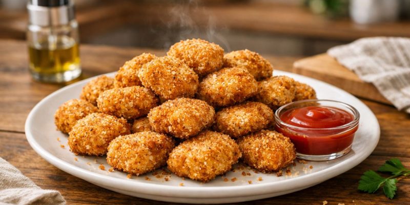 A plate of golden-brown crispy air fryer chicken nuggets served with a side of dipping sauce in a bright modern kitchen setting