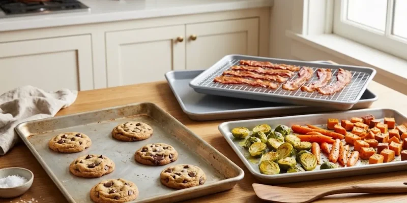Assorted sheet pans with roasted vegetables, crispy bacon, and cookies in a modern kitchen.