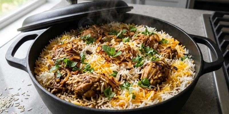 Finished chicken biryani with fluffy basmati rice