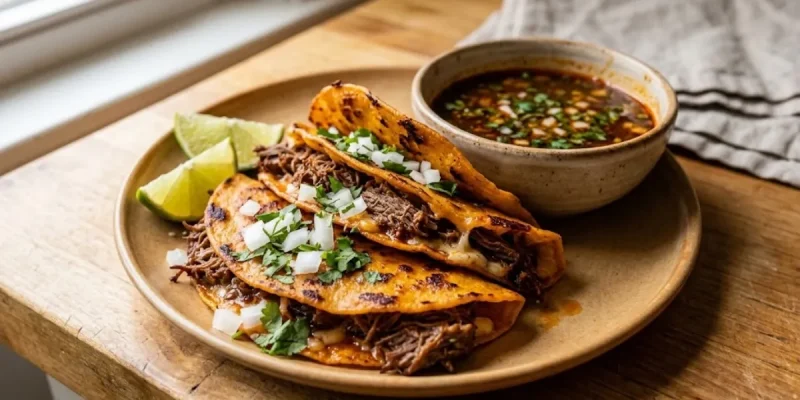 Crispy halal birria tacos filled with shredded braised beef and melted cheese served with red consommé for dipping
